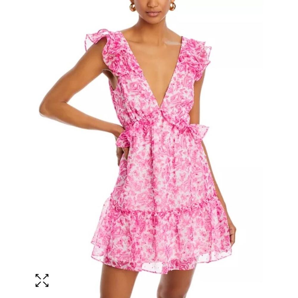Aqua Floral Pink‎ V-Neck Cocktail Party Mini Dress Clip Dot Fabric V Back Large